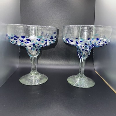 Confetti Margarita Glasses Hand Blown Fused Textured Mexico 14oz Set Of 2