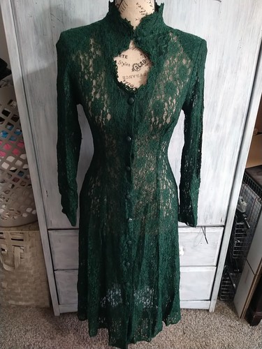 Dawn Joy Vintage Y2K Cottage Core Feminine Lace Embroidered Sheer Dress Green 4p - Bild 5 von 12