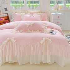 Pink Full Size Ruffled Lace Duvet Cover Set Girls 3-Pc Microfiber Queen