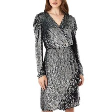Biba Silver Sequin Long Sleeve Mini Wrap Dress NWT UK 10 Party RRP £199