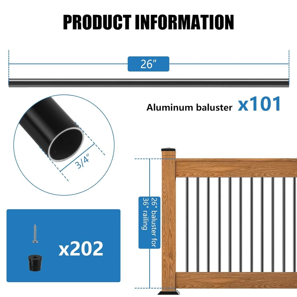 101 Pack 26" Deck Balusters Metal Spindles Aluminum Alloy Railing W/ Connectors - Image 2 of 4