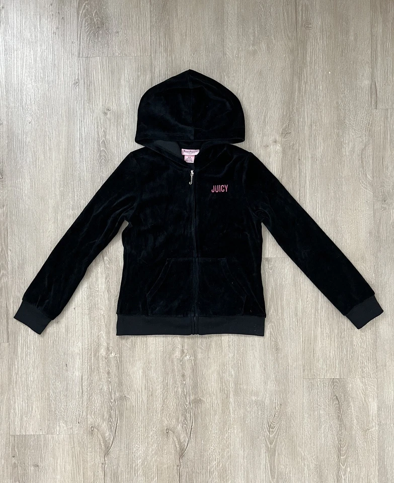 JUICY COUTURE Black Velour Hoodie Track Jacket Girls 8/10 Rhinestone Smiley Y2K - Image 2 of 4