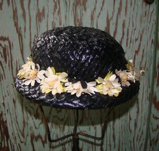 Vintage Clover Lane sz 22 Dark Blue Raffia Daisy Flowers Derby Pillbox Dress Hat