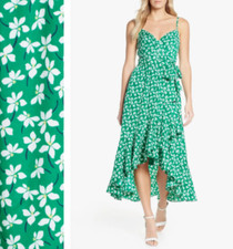 ELIZA J Green White Floral Print Asymmetric Hi/Lo Faux Wrap Tie Midi Dress 12 L