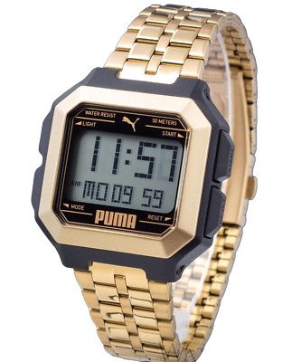 Puma Remix P5052 Uhr goldfarbenes Armband Digital Chrono Dual Time