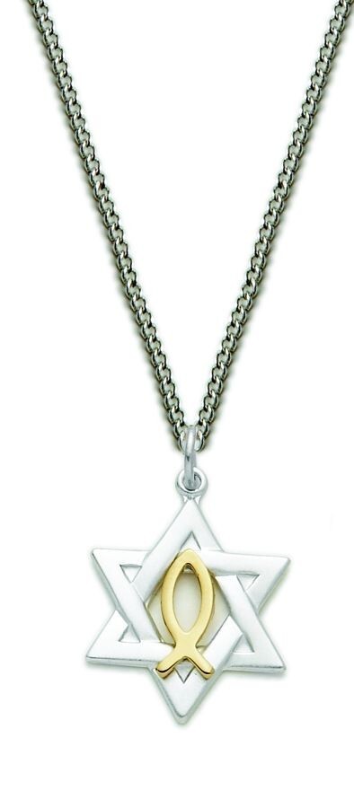 New Sterling Silver Star of David w/ Fish Jesus Symbol Pendant Necklace