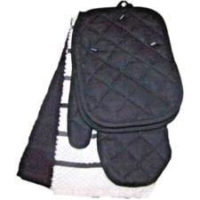 Black White Kitchen Towel Set 5pc Oven Mitt Potholders Solid Stripe Cotton NEW