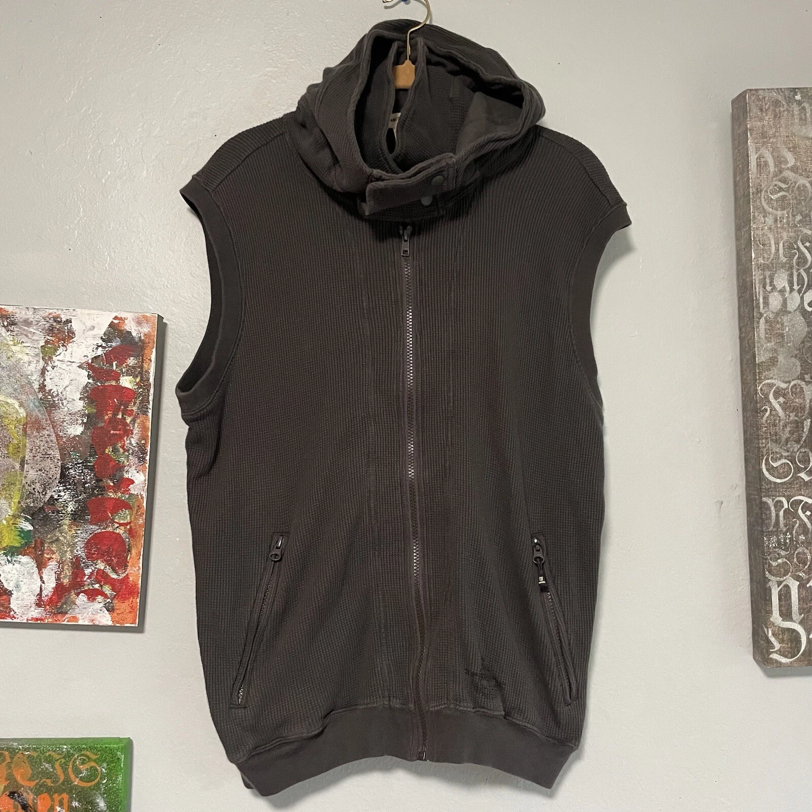 Diesel Men’s Large Sleeveless Thermal Waffle Zip up Hoodie Gray
