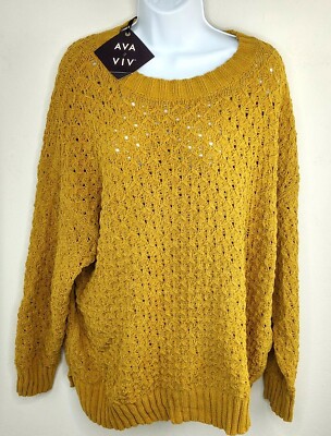 Ava Liv Women's Plus Gold Pull over Crew Neck Knit Crochet Sweater NWTs 