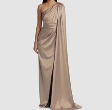  3740 Pamella Roland Women's Beige Stretch Satin One-Shoulder Gown Dress Size 4
