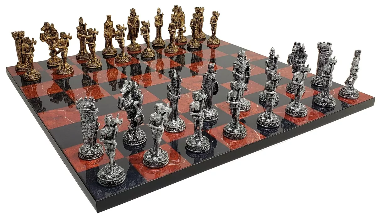 Medieval Times Crusades Pewter METAL Chess Set 16 Black & Red Faux Marble  Board