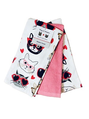 Wags & Whiskers Kitty Cat Kitchen Hand Towels Hearts Valentine's Set Of 3 , NEW
