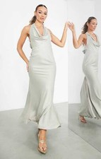 ASOS Womens Green Satin Maxi Dress Halter Neck Zip Closure RRP £110