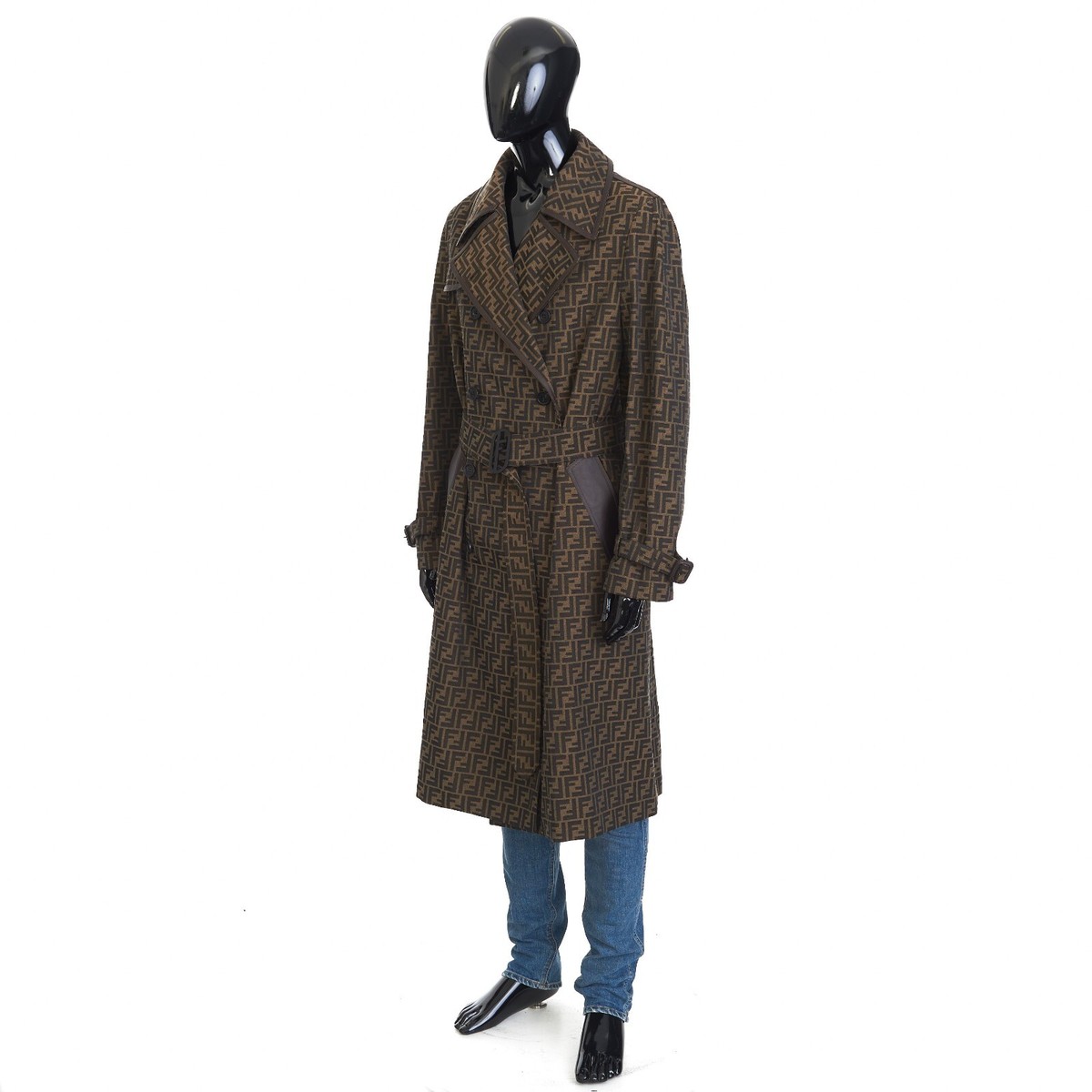 【FENDI】trench coat with removable leather collar(関税込み) FENDI 5500$ Double Breasted Trench Coat In Brown FF Jacquard