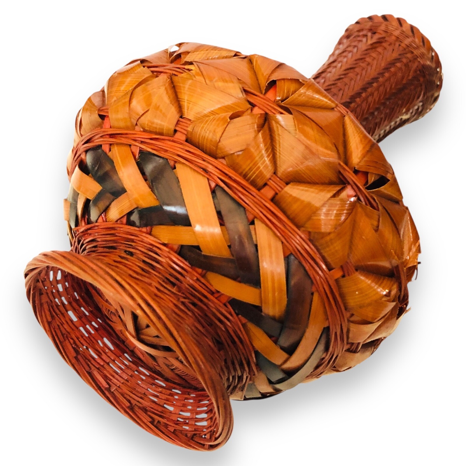 Japanese Bamboo Wicker Ikabena Vase Handcrafted Lacquer Boho Rustic Style V41