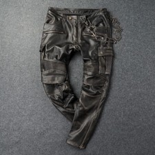 Men's Black Leather Pant 100% Real Lambskin Slim fit Cargo Moto Biker Pants W32