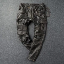 Men's Black Leather Pant 100% Real Lambskin Slim fit Cargo Moto Biker Pants W32