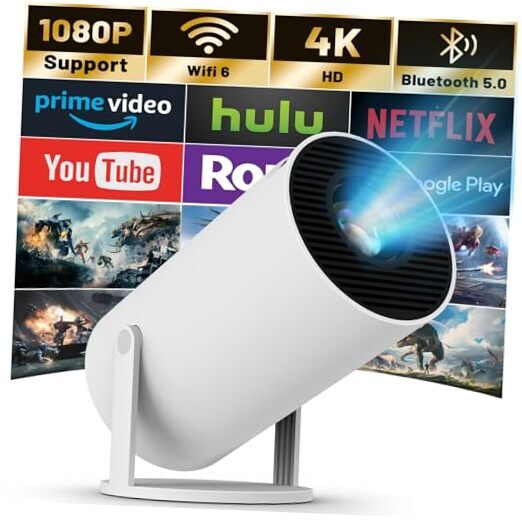 Mini Projector with WIFI 6 and Bluetooth, 4K 1080P Support Portable White-image