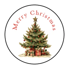 30 Merry Christmas tree envelope seals, stickers labels, tags, round