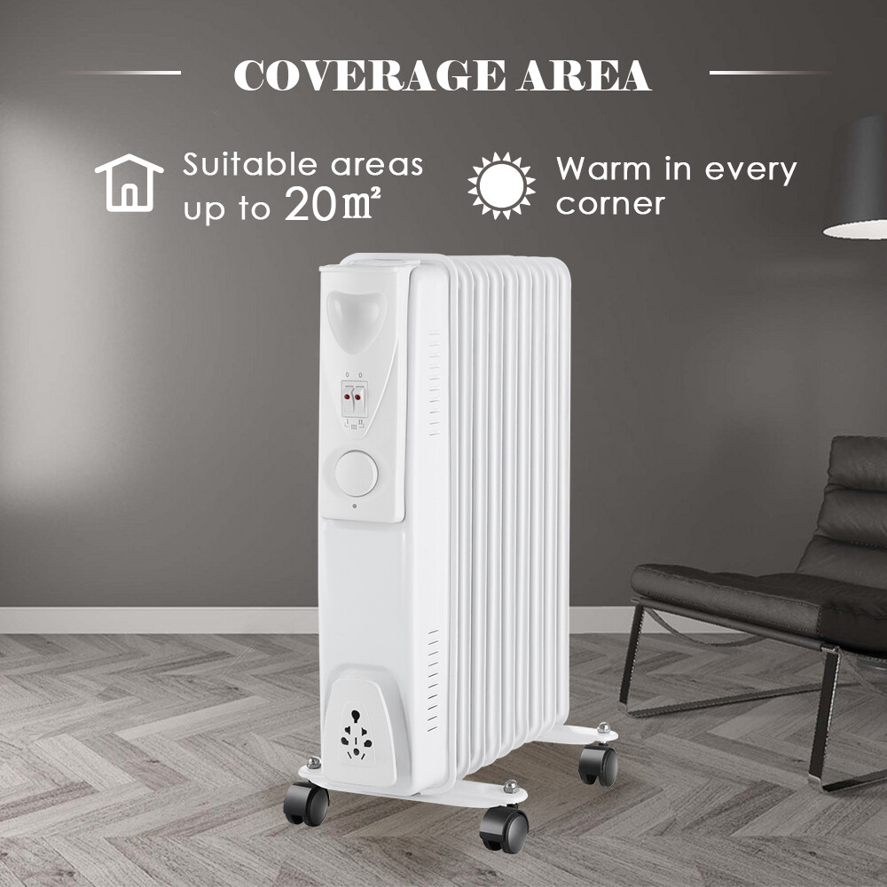 9 Fin 2000W Electric Oil Filled Radiator Portable Heater 3 Settings Thermostat