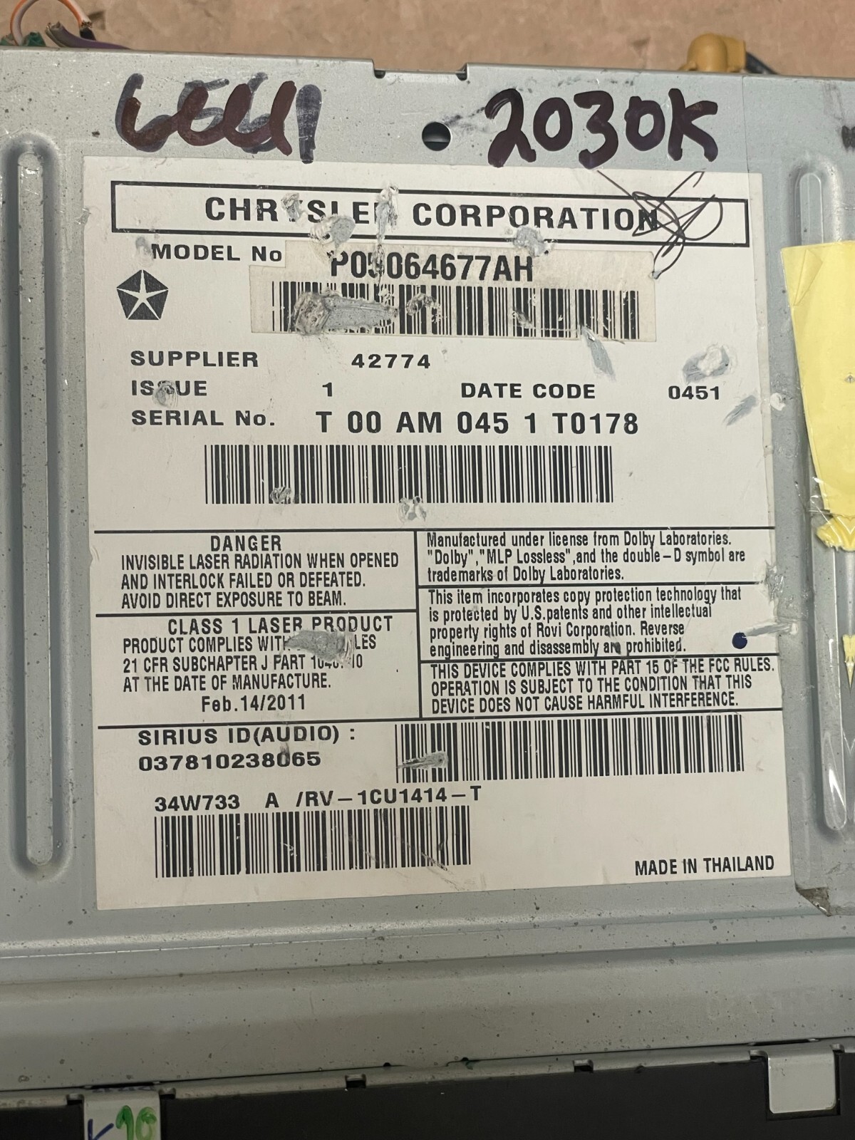 Jeep Dodge Chrysler Screen Display CD Player Satellite Radio 2030K OEM DG1
