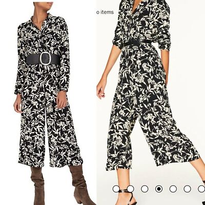 BA&SH Loni Cropped Floral-print Jumpsuit Sz S 6 Black Cream Straight Leg