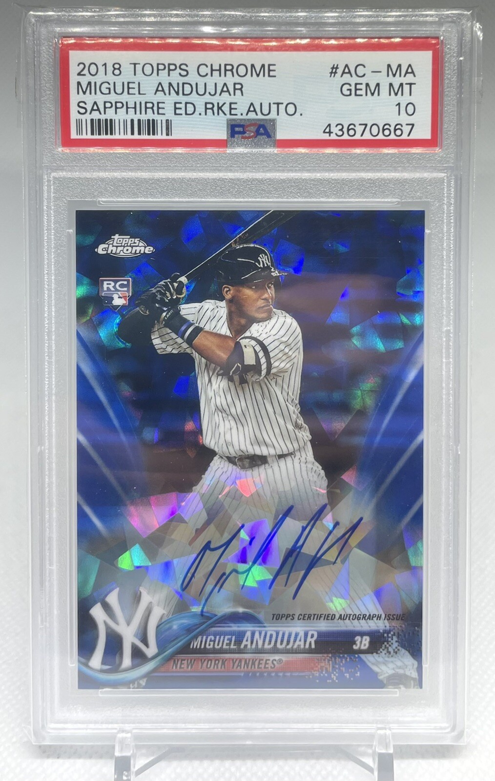 2018 Topps Chrome Sapphire Miguel Andujar rookie auto PSA 10 Yankees Pirates
