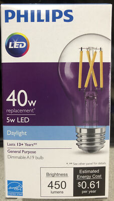 Philips Daylight 5A19 LED 40W (5W LED Equivalent) Dimmable E26 Standard Base