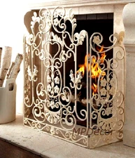 Ornate Scroll Floral Antique White Fire Screen French Country Fireplace Screen