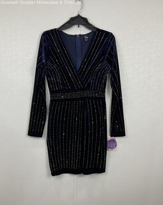 Windsor Womens Dress Navy Rhinestone Studded Velvet Long Sleeve Bodycon Large