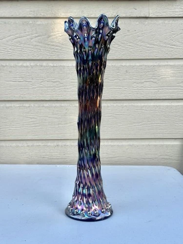Fenton Carnival Glass Rustic Hobnail 16” Funeral Vase Cobalt Blue Iridescent 60s