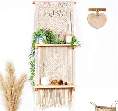 Macrame Wall Hanging Shelf(Tier 2,Natural White) For Living Room,Nursery, Office