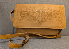 Vintage Artisan Bekouri Hand Tooled Leather Crossbody Shoulder Bag Boho Tan