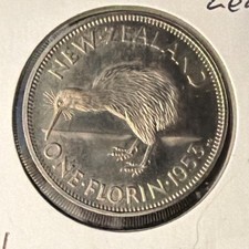 1953 NEW ZEALAND 1 FLORIN PROOF COPPER NICKEL COIN-28.58MM-KM#28.1-MINTAGE=7,000
