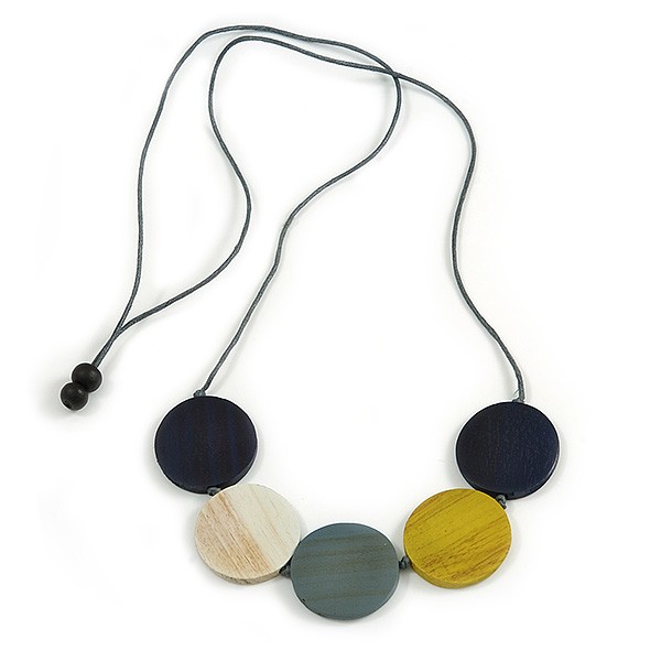 Multicoloured Wood Coin Bead Grey Cotton Cord Necklace - 94cm L (Max Length)