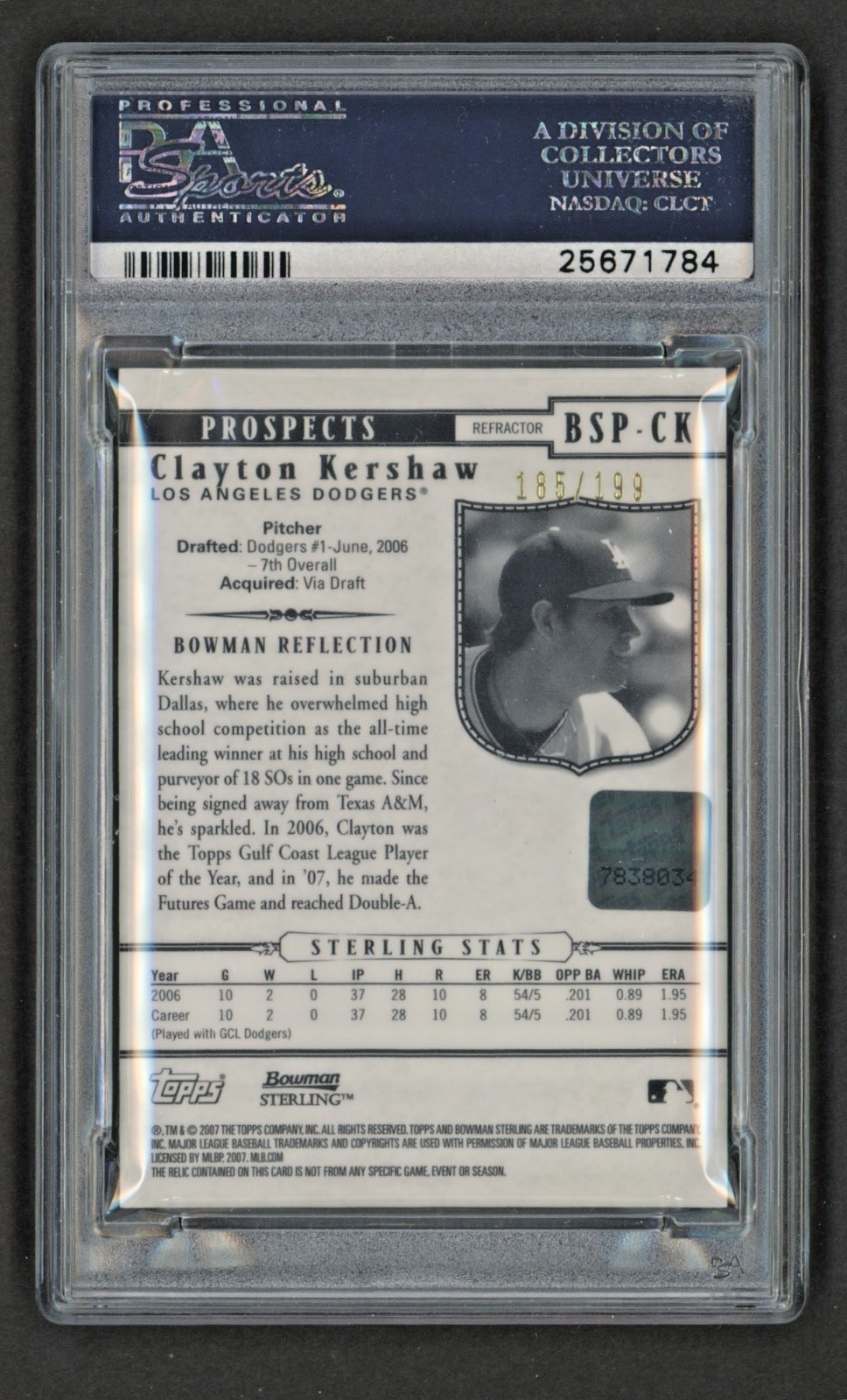 2007 Bowman Sterling #BSPCK CLAYTON KERSHAW Pros. Auto Jersey Ref. PSA 10 /199 view 2