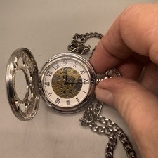 Mens Womens Mechanical Pocket Watch Skeleton Design with Chain