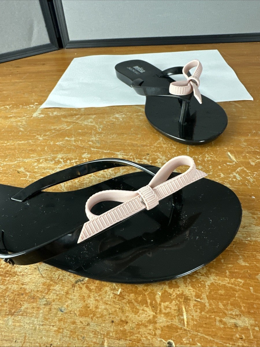 Melissa + Jason Wu Harmonic V Bow Flip Flop Sandals Black and Pink