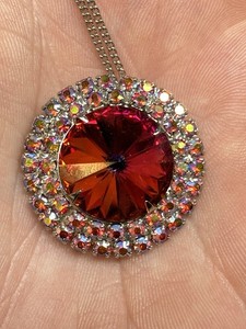 Red AB Rivoli Pendant Necklace 18” Vintage