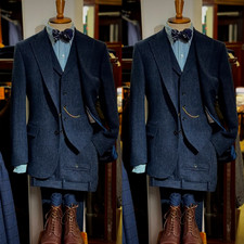 Vintage Herringbone Men's Suit Navy Blue 60s Jacket Pants Tweed Woolen 3Pcs