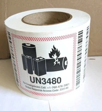 UN4480 Battery Labels 500 Count Roll 4 1/2 by 5" Lithium Battery Placard NEW