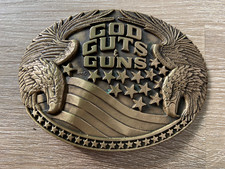 "GOD, GUTS GUNS" PATRIOTIC FLAG EAGLE SOLID BRASS BELT BUCKLE