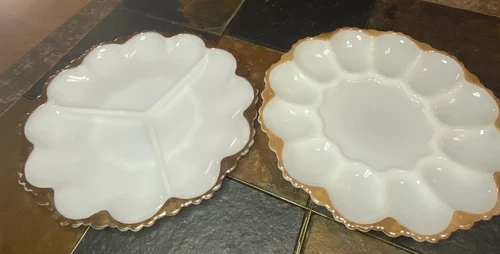 2 Vintage Anchor Hocking  White Milk Glass- Gold trim Egg Plate & Relish Plate