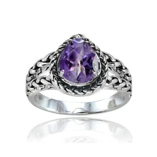 Sterling Silver Amethyst Pear-Cut Oxidized Rope Split Shank Ring, Size 7