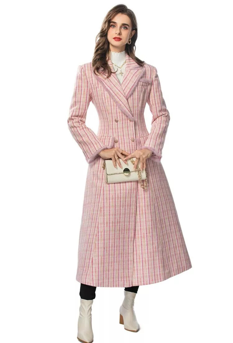 Abrigo Mujer Chaqueta Corto Cuadros Tweed Bolsillos Rosa Elegante Slim 22001
