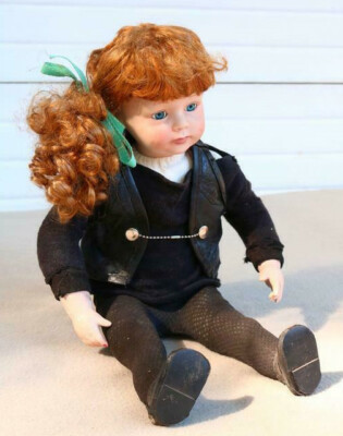 Design Debut Doll Red Head Braided Black Leather Vest Little Girl Gift Estate MK