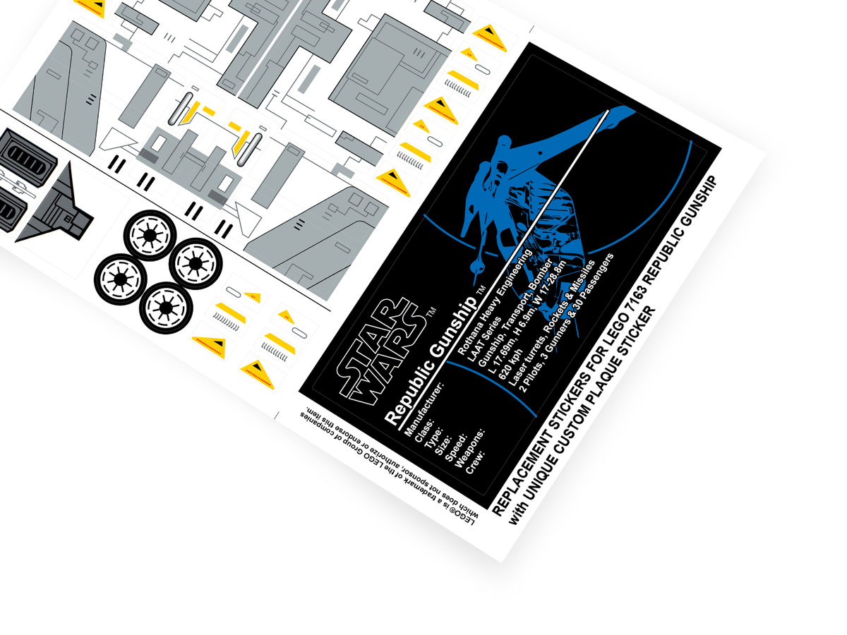 CUSTOM STICKERS for STAR WARS Set 7163 REPUBLIC GUNSHIP , MODELS