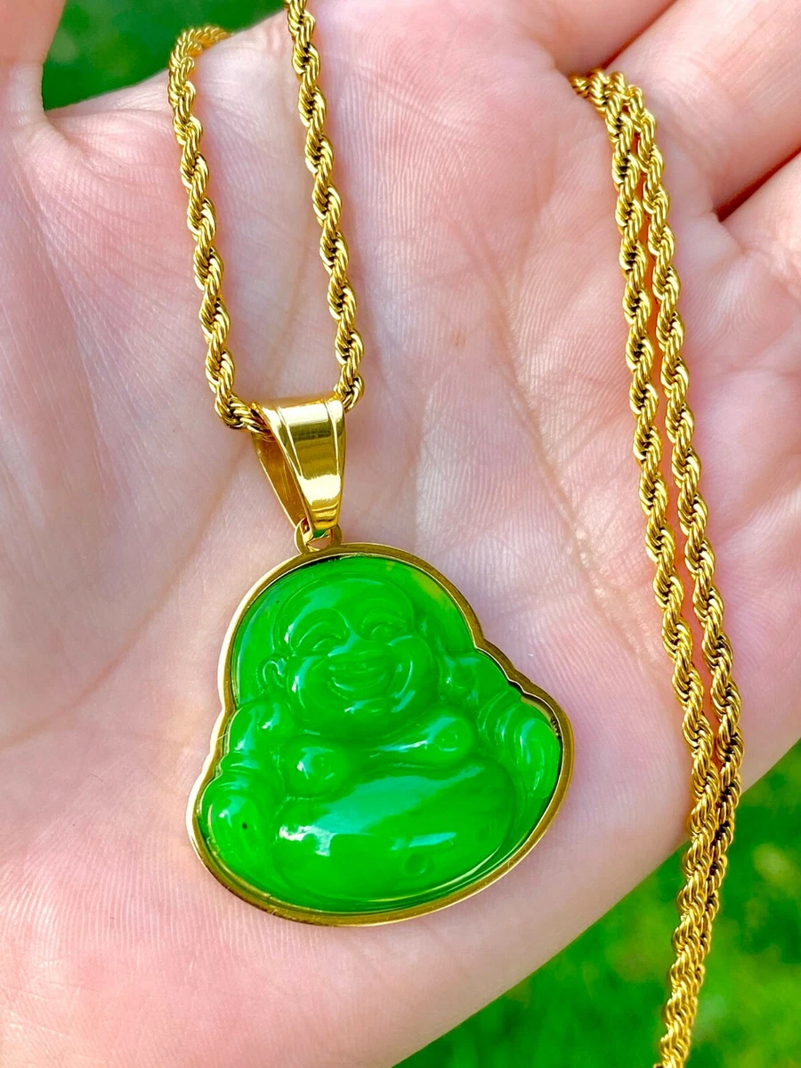 Jade Smiling Laughing Green Buddha Good Fortune Rope Chain Necklace 14k Gold Big