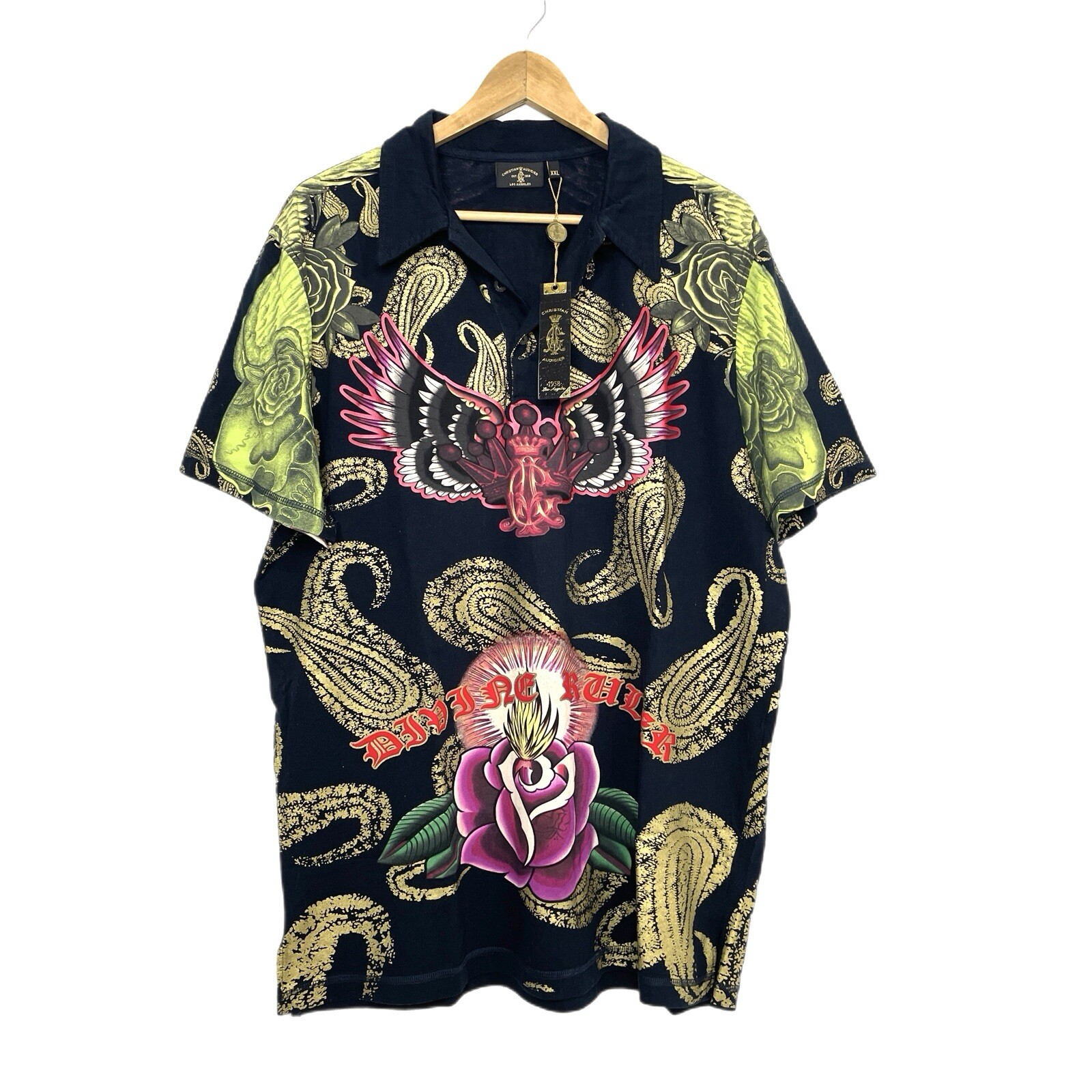 Christian Audigier Los Angeles Divine Ruler Polo  Shirt Black Graphic Print XXL