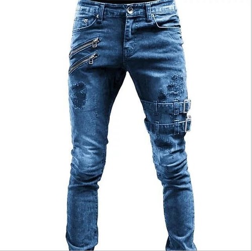 Men's Trousers Casual Straight Mid-rise Slim Fit Ripped Jeans - Picture 24 of 30